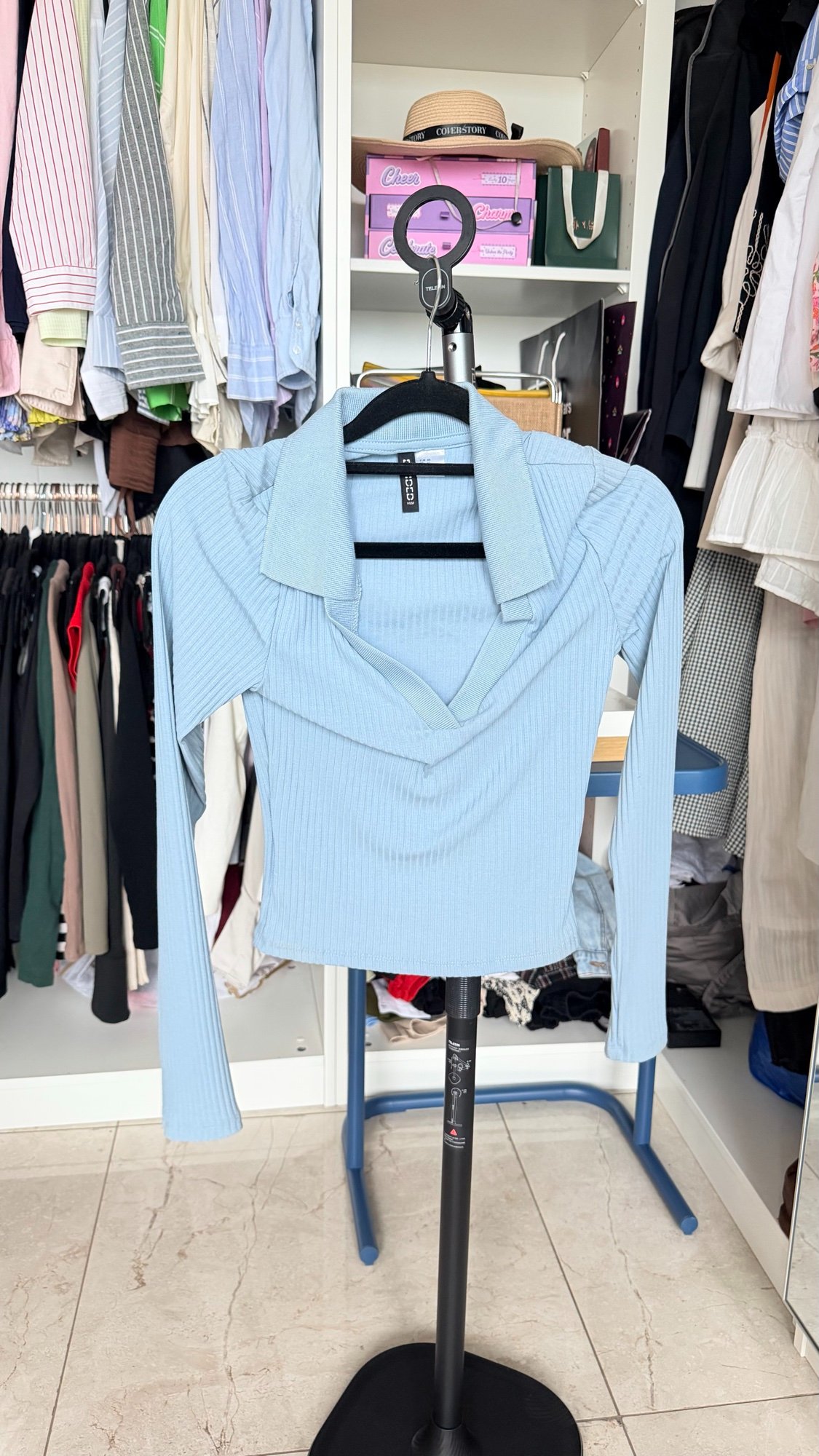 H&M Divided Ribbed Collared Crop Top - Baby Blue — photo 1