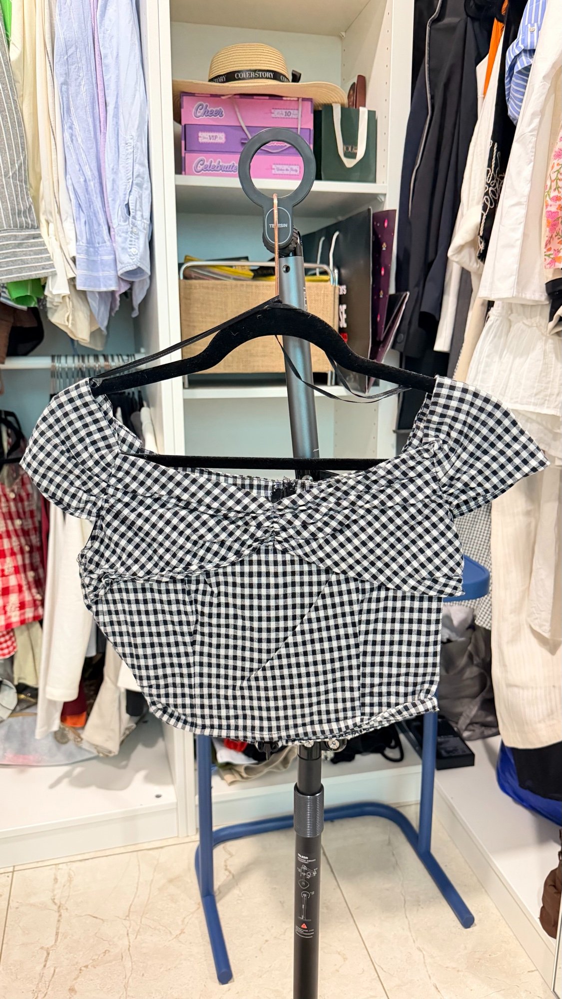 Zara Gingham Off-Shoulder Top - Black — photo 1